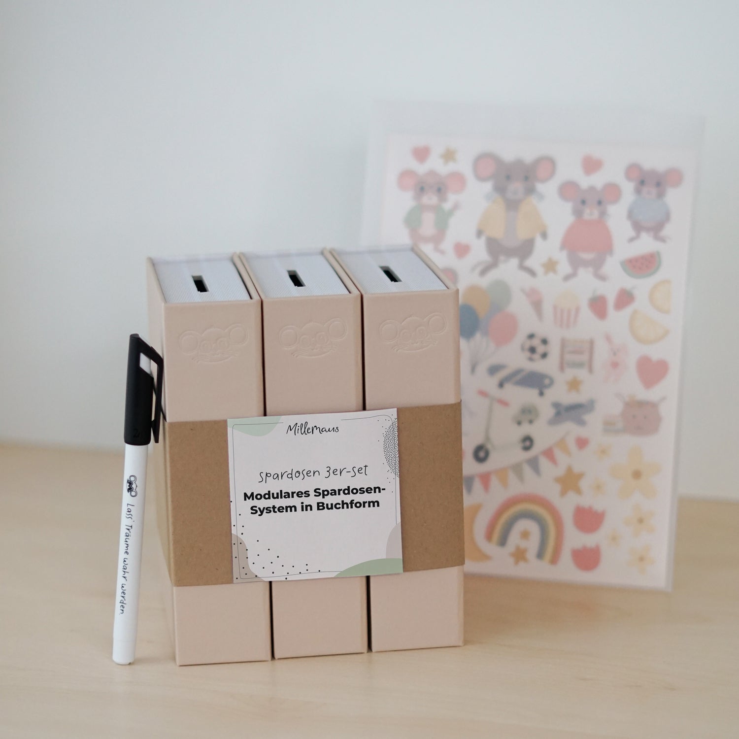 3 Spardosen + Sticker und Stift